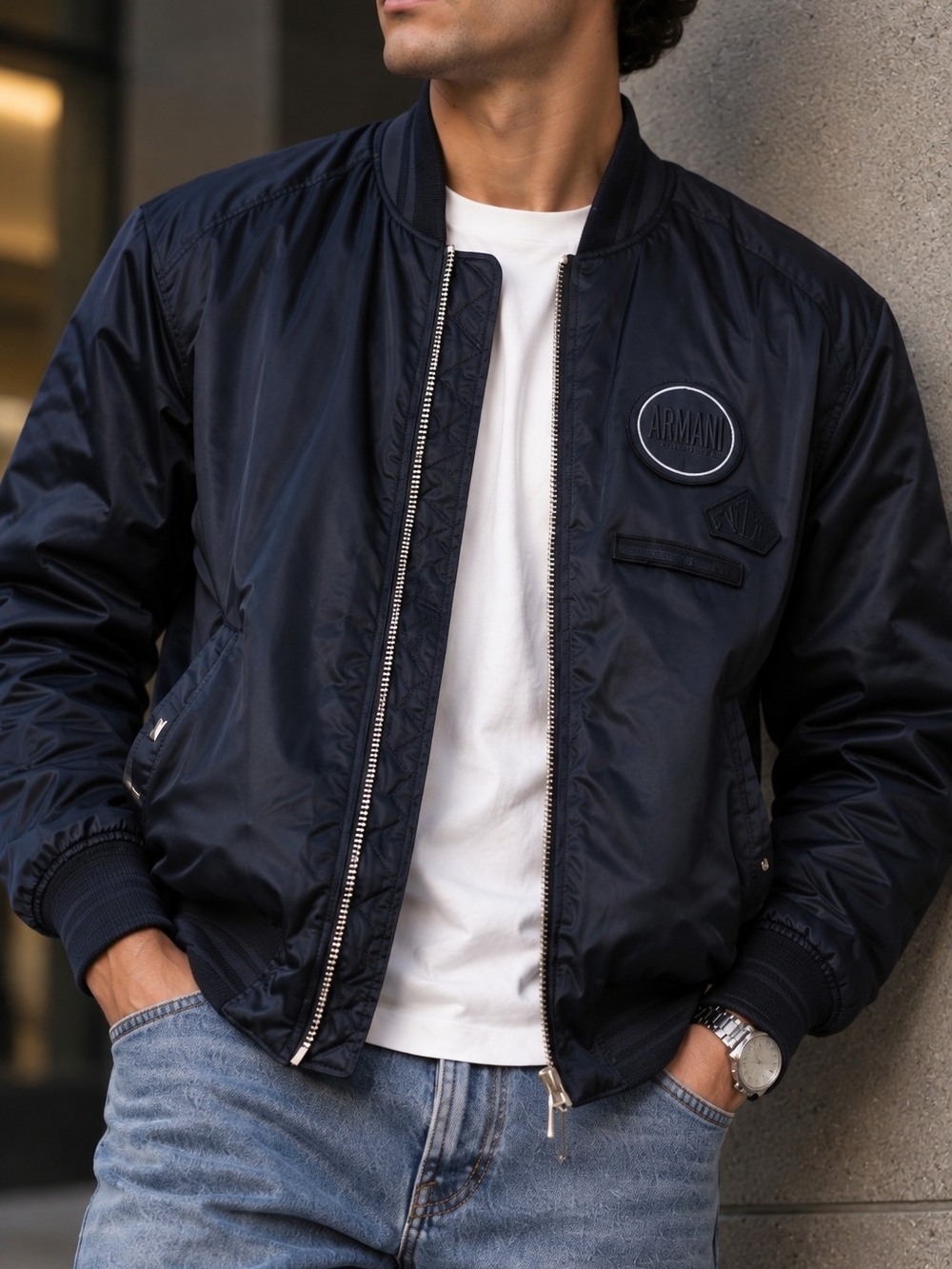 Armani Exchange A|X Navy Bomber Jacket Nylon Full Zip Logo Back Men's S